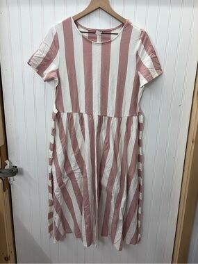 Tickled teal Pink and White Striped Short-Sleeve women’s belted Dress